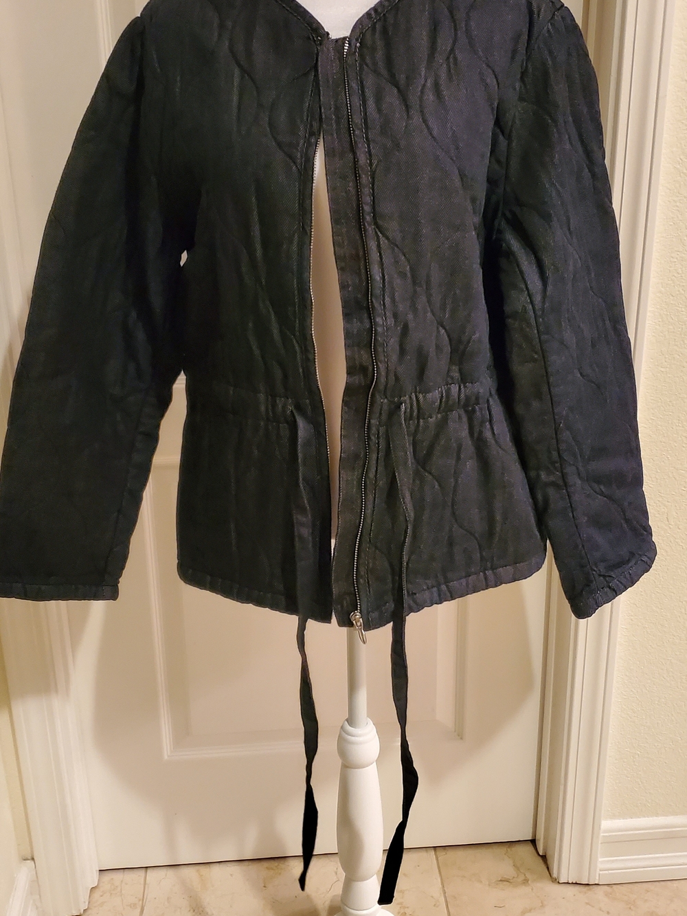 H&M Denim Quilted Zip-Front Tie Waist Jacket